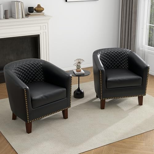 Faux Leather Barrel Accent Chairs Set of 2, Modern Club Upholstered Arm Chair, Comfy Armchair Nailed Trim Living Room Single Sofa Reading Seat Bedroom Side Sitting for Office, Black