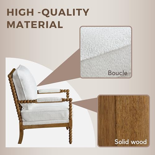 Dedee Mid Century Modern Boucle Fabric Accent Chair with Arms, Wide Spindle and Solidwood Legs for Living Room, Bedroom, Reading Corner, Home Office, Light Oak and White