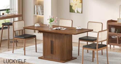 Extendable Dining Room Table for 4-6, 47-65 Inch Rectangle Kitchen Dining Table with Large Storage, Fluted Sliding Door, Expandable Mid Century Modern Dinner Furniture, Living Room, Walnut, Brown
