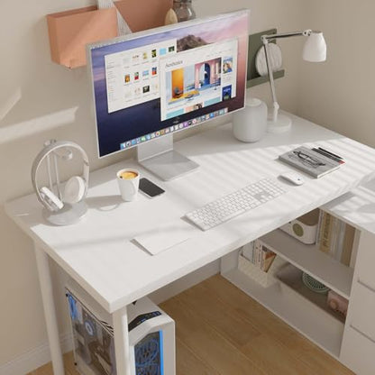L Shaped Computer Desk, 47 Inch Home Office Desk with File Drawers & Storage Shelves, Small Corner Computer Desk for Small Space (White)
