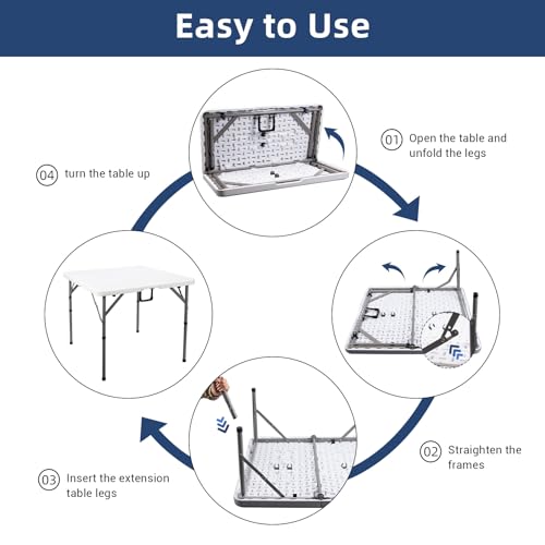 34" Square Folding Card Table, Fold-in-Half Utility Dining Portable Table Heavy Duty HDPE White Plastic Foldable with Carrying Handle Indoor Outdoor for Picnic, Camping, Party