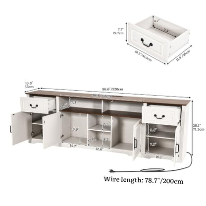 87" Farmhouse TV Stand with Power Outlet for 100" TV, White/Walnut, view 3
