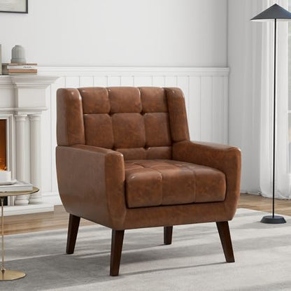 Faux Leather Accent Chair, Modern Upholstered Club Arm Chair for Living Room, Comfy Armchair Single Sofa Seat with Solid Wooden Legs (Coffee)