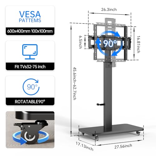 Mobile TV Stand with Power Outlet, Height Adjustable with Handle Stepless Lift,Rolling TV Stand for 32-75inch TVs with 90 Rotating,Portrait to Landscape,TV Cart with Wheels Holds up to 110lbs (Black)