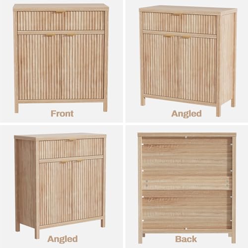 Wooden Sideboard Buffet Cabinet with Drawer and 2 Doors, Modern Fluted Storage Cabinet for Dining Room, Kitchen, Living Room, Entryway – Oak Finish