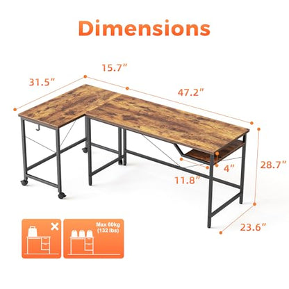 48 inch Computer Desk w/Shelf & Adjustable Feet, 32 inch Rolling Office Desk w/ 1 Hook, Small Space Desk for Home, Office, Study, Writing, Bedroom, 2 Pack