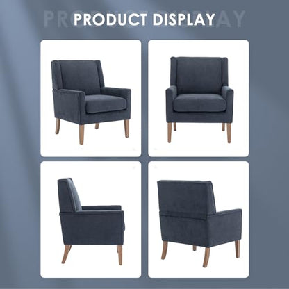 Modern Wingback Living Room Chair, Upholstered Fabric Accent Armchair, Single Sofa Chair with Lounge Seat and Wood Legs for Bedroom/Office/Reading Spaces, Blue