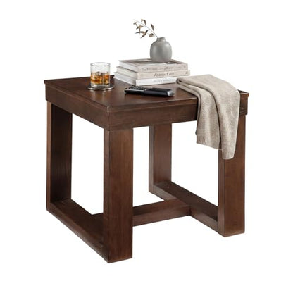 Signature Design by Ashley Watson End Table, Classic Oversized 24 Inch Square Side Table, Made of Veneers, Wood and Engineered Wood, Distressed Mid-Century Sled Base, Dark Brown