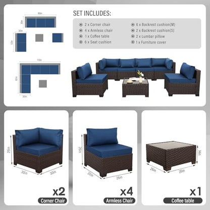 Outdoor Patio Furniture Set 7 Pieces Wicker Sectional Sofa Brown Rattan Conversation Couch with Coffee Table, Anti-Slip Thick Nave Blue Cushion