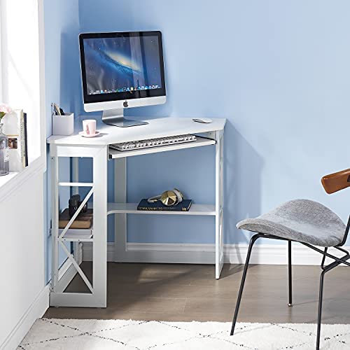 Corner Desk Computer Desk Writing Table with Smooth Keyboard Tray & Storage Shelves,Compact Home Office Triangle Table,White