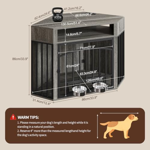 Corner Dog Crate Furniture - Wooden Dog Cage with 2 Swivel Bowls, view 3