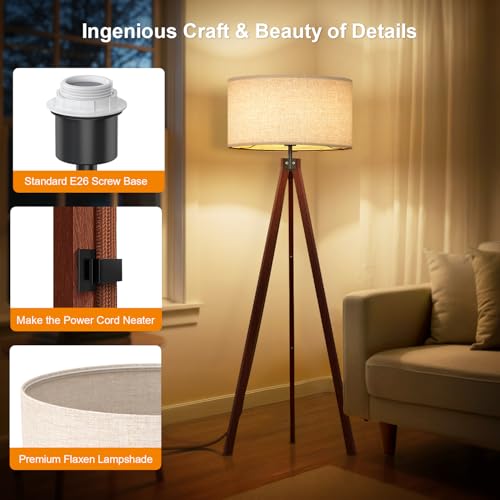 Wood Tripod Floor Lamp, Mid Century Standing Lamp, Modern Design Studying Light for Living Room, Bedroom, Study and Office, Flaxen Linen Shade with E26 Base Brown