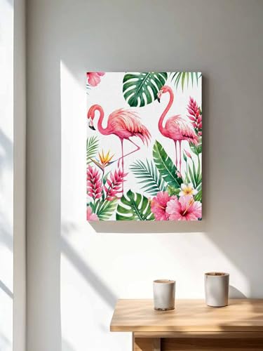 NuYeBiofx Flamingo Coastal Monstera Floral Canvas Wall Art Prints,30"x20" Framed Picture Artwork Tropical Palm Leaves Printed Canvas Oil Painting for Living Room Bedroom Office,Ready to Hang