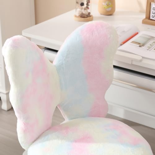 Kids Desk Chair, Faux Fur Butterfly Chair with Wheels Adjustable Cute Swivel Kids Office Chair for Bedroom Reading Room - Colorful