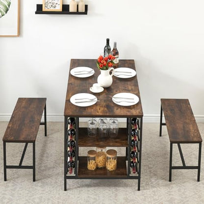 Dining Table Set for 4, Kitchen Table with 2 Benches, Wine Rack and Storage Shelf, Rectangular Dining Room Table Set, 3 Piece Dining Table Set for Small Space, Apartment, Dinette, Rustic Brown