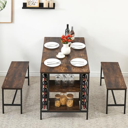 Dining Table Set for 4, Kitchen Table Set for 4 with 2 Benches, 3 Piece Dining Room Table Set for Small Space Apartment, Retro Brown