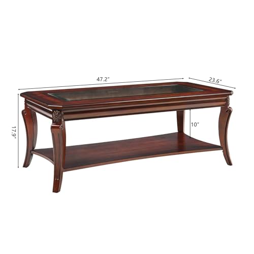 Traditional Wood Coffee Table with Glasstop, 47.2* 23.6* 17.9in | Rectangle Solid Wood Tea Table with Storage Shelf, 2-Tier Glass Center Tables in Cherry for Living Room, Large Cocktail Table
