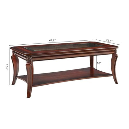 Traditional Wood Coffee Table with Glasstop, 47.2* 23.6* 17.9in | Rectangle Solid Wood Tea Table with Storage Shelf, 2-Tier Glass Center Tables in Cherry for Living Room, Large Cocktail Table