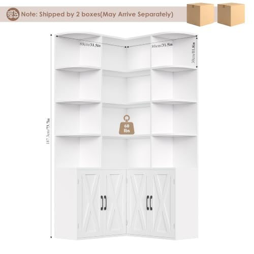 74" Tall Corner Bookshelf, White Bookshelf with Doors, view 3