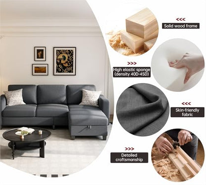 78" Sectional Sofa Couches for Living Room, 3 Seat L Shaped Convertible Couch with Storage Ottoman, Comfortable Pet-Friendly Linen Sofa Set for Small Space, Apartment, Office, Dark Grey