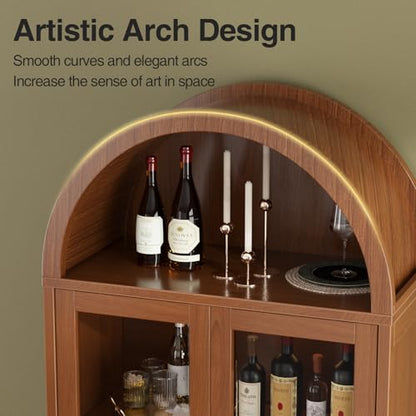 Kitchen Pantry Cabinet with Glass Doors - Arched Design, Metal U Legs, Artistic Slatted Door, Adjustable Shelves, 78.4" Curved Storage Cabinet for Kitchen, Dining Room