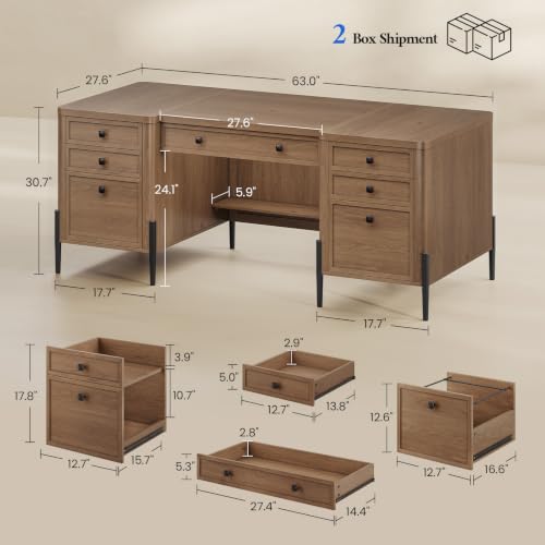 63" W x 27.6" D Executive Desk with 2 Cabinets & 6 Drawers, view 3