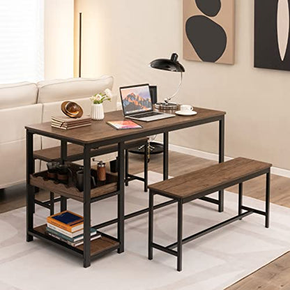 Dining Table Set for 4, 3-Piece 55" L Kitchen Table Set w/ 2 Benches, Breakfast Table w/ 5-Bottle Wine Rack & Glass Holder, Space-Saving Dinette Set for Dining Room, Kitchen, Apartment