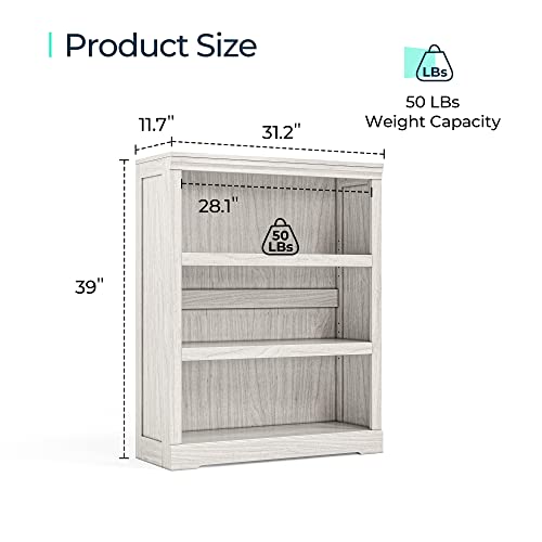 3-Tier Bookcase, Small Bookshelf Wood Display Storage Shelves Farmhouse Bookshelf for Home Office, Living Room, Bed Room - White Oak