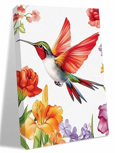 NuYeBiofx Garden Flower Lily Hummingbird Canvas Wall Art Prints,48"x32" Framed Picture Artwork Farm Bloom Carnation Floral Printed Canvas Oil Painting for Living Room Bedroom Office,Ready to Hang