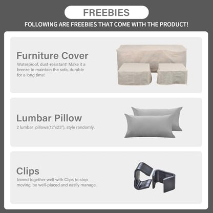3 Pieces Patio Furniture Set Outdoor Sectional Wicker Patio Furniture Patio Couch with Ottoman and Outdoor Storage Table All-Weather Anti-Slip Cushions Waterproof Covers, Light Grey