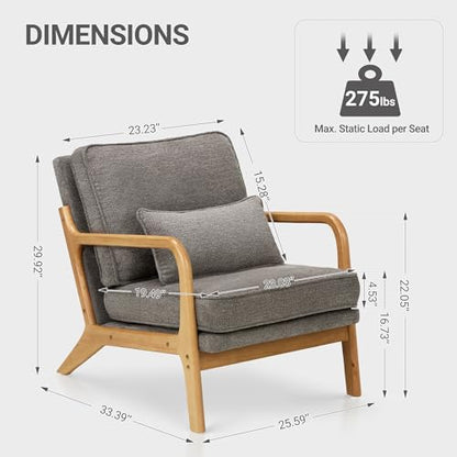 Mid Century Modern Accent Chair Set of 2 with Lumbar Pillow, Relaxing Armchair with Solid Wood Frame & Soft Cushion, Reading Leisure Chair for Living Room（Grey）