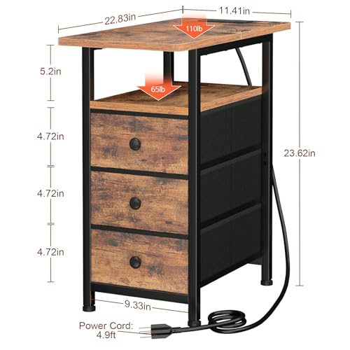 End Tables Living Room with Charging Station, Narrow Side Table with USB Ports and Outlets, Slim Nightstand with 3 Fabric Drawers for Bedroom, Small Space, Rustic Brown, HETN013BR-1