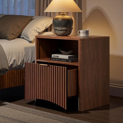 Fluted Nightstand Set of 2, Walnut Bedside Table with Drawer and Storage, Wood End Table Mid Century Modern, Large Night Stand for Bedroom