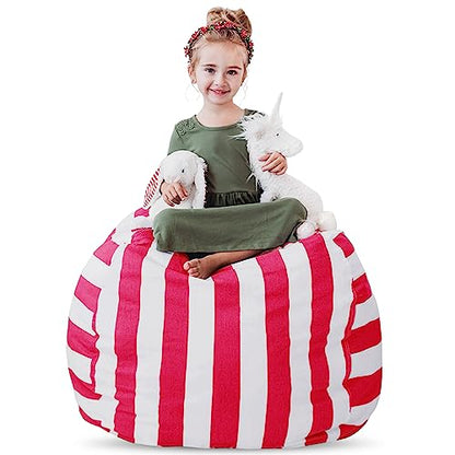 Stuffed Animal Storage Bean Bag Chair - X-Large, 38 in, Pink & White Stripe - Toy Storage Organizer & Stuffed Animal Organizer - Bag for Kids Room & Toy Organization