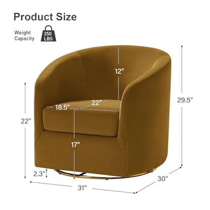 Swivel Accent Chair with Gold Metal Base, Contemporary Velvet Curved Swivel Barrel Chair, Upholstered Club Armchair, Leisure Single Sofa for Living Room, Nursery, Bedroom(Golden)
