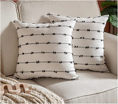 Boho Throw Pillow Covers 18x18 inches Beige and Black, Set of 2 Modern Farmhouse Decorative Pillow Covers for Couch Bed, Living Room