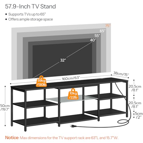 LED TV Stand for 75 Inch TVs with Charging Station, Gaming Entertainment Center with 3-Tier Open Storage, Long 63” Media TV Console Table, TV Stand for Living Room, Bedroom, Black BB21UDDS01