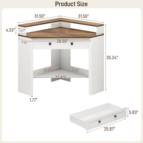 Corner Desk, Triangle Computer Desk Home Office Workstation with Drawer and Monitor Stand for Small Spaces Farmhouse Corner Vanity Table for Bedroom Study, Living Room (Rustic White and Brown)