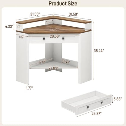 Corner Desk, Triangle Computer Desk Home Office Workstation with Drawer and Monitor Stand for Small Spaces Farmhouse Corner Vanity Table for Bedroom Study, Living Room (Rustic White and Brown)