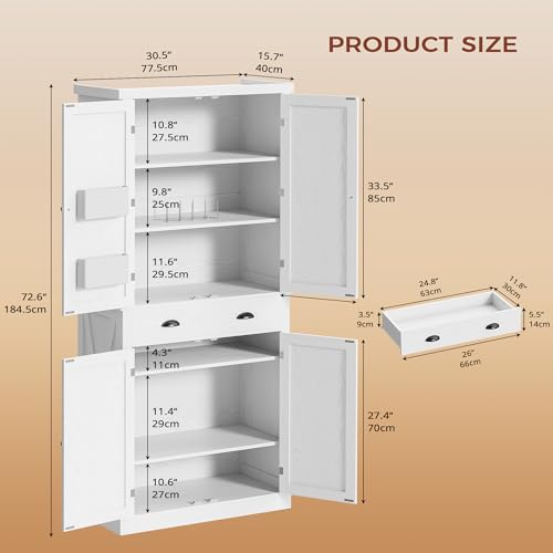 72.6" Tall Farmhouse Kitchen Pantry with Drawer and Adjustable Shelves, Freestanding Storage Cabinet with X-Design Doors, Large Floor Cupboard for Kitchen, Dining Room, White