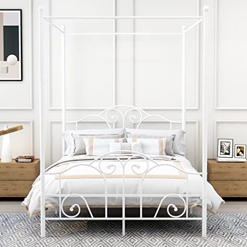 Full Size Four-Poster Metal Canopy Bed Frame,White, view 4