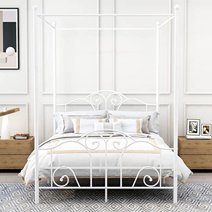 Full Size Four-Poster Metal Canopy Bed Frame,White, view 4