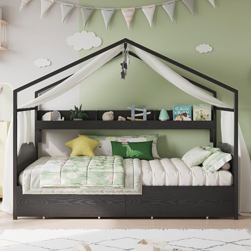 Twin House Bed Frame with 2 Drawers & Curved Headboard, Black, view 4