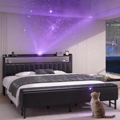 King Size Platform Bed Frame with Storage Headboard, Star Projector, Black, view 2