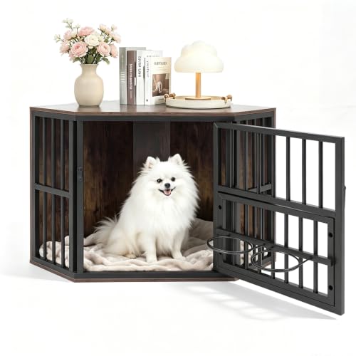 Corner Dog Crate Furniture with Adjustable & Reversible Feeder, view 2