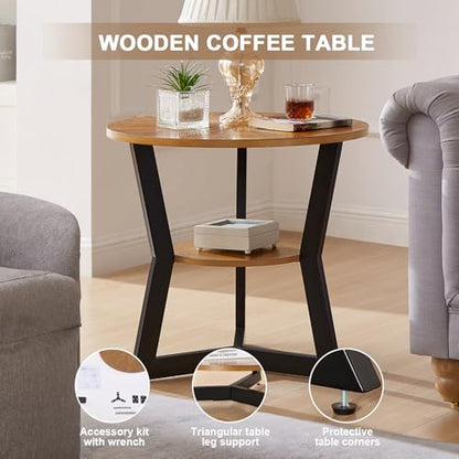 End Table, Round Wood End Table for Living Room with 2-Tier Table Top with Storage Rack, Metal Leg Triangle Support Design, Home Furniture, 25 x 25 x 24 in, Brown