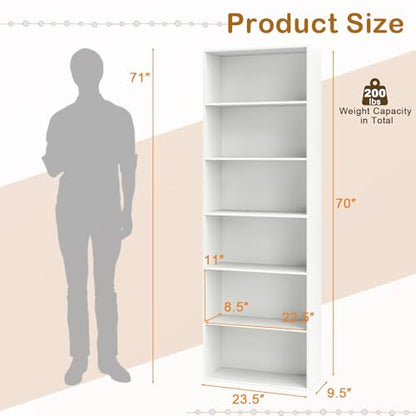 6-Tier Bookcase, 70” Tall Freestanding Bookshelf with 6 Open Shelves, Anti-Toppling Kits, Floor Display Storage Organizer for Living Room, Study, Kitchen, Home & Office (White, 70" H)