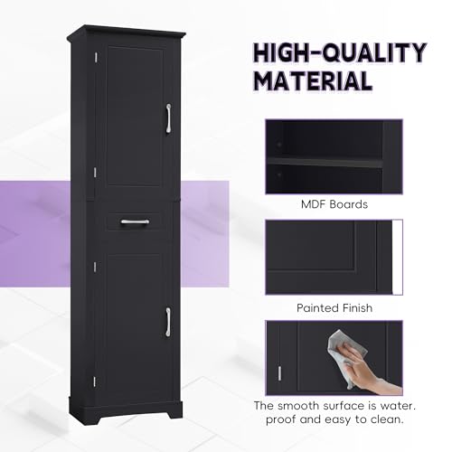 73 Inch Bathroom Storage Cabinet with Adjustable Shelves, Black | Black MDF, bathroom or office, painted finish, door shelves, enclosed cabinets, lower compartment, anti-tip kit, 72.5 in H