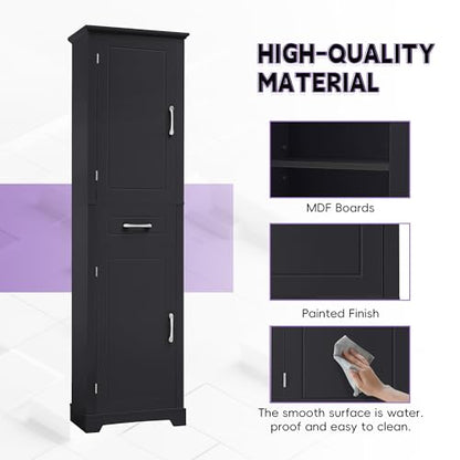 73 Inch Bathroom Storage Cabinet with Adjustable Shelves, Black | Black MDF, bathroom or office, painted finish, door shelves, enclosed cabinets, lower compartment, anti-tip kit, 72.5 in H