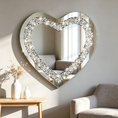 Crystal Crush Diamond Heart Shaped Silver Mirror for Wall Decoration 24x24x1 inch Wall Hang Frameless Mirror Acrylic Diamond Décor.